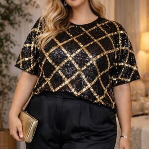 Vintage Diana Marco Sequined Silk Top Black Gold Diamond Deadstock NWT 18-20